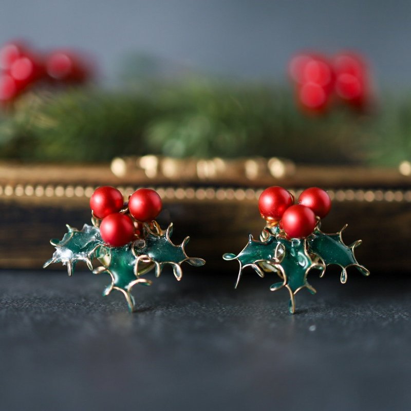 柊 树的耳环 - 耳环/耳夹 - 树脂 红色