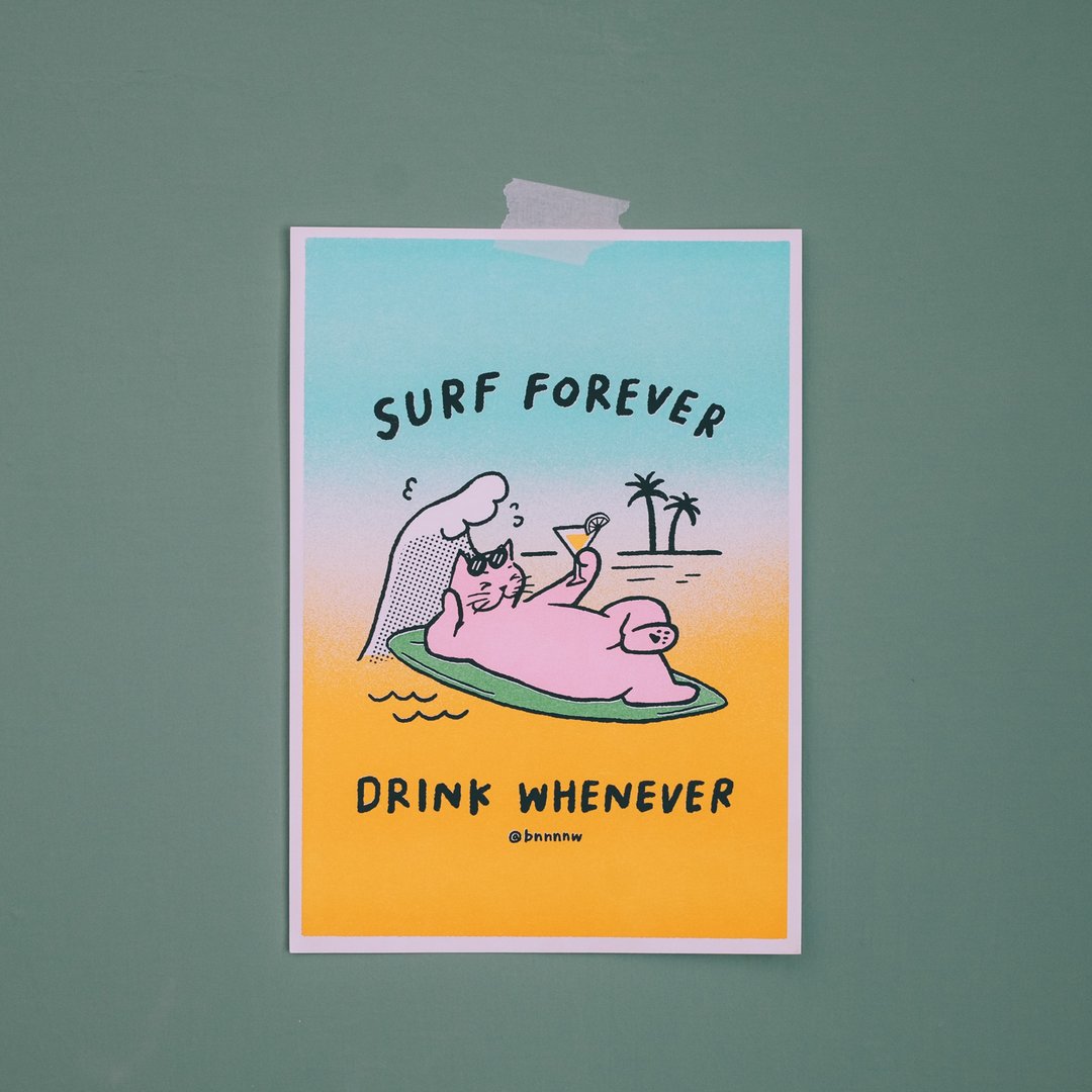 海边秋秋 A4 海报- Surf Forever Drink Whenever - 海报/装饰画/版画 - 纸 橘色