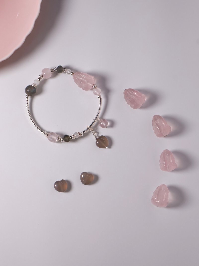 兔然心动。灰玛瑙爱心 粉晶小兔 拉长石 S925 纯银 手链 - 手链/手环 - 水晶 粉红色