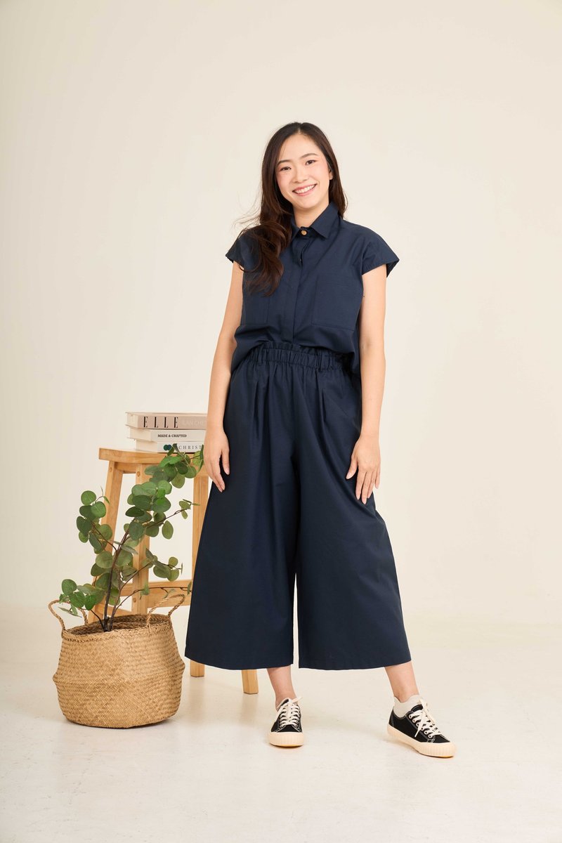 牛津棉质高腰宽裤 - CHAAIM : 海军蓝色 - 女装长裤 - 棉．麻 蓝色