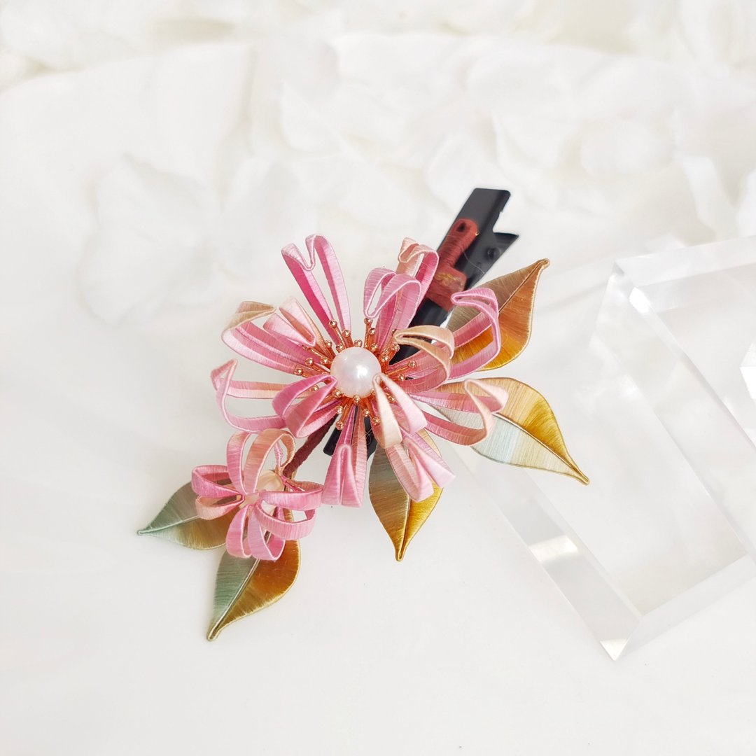 渐变菊花发夹 珍珠发夹 小菊花发夹 小清新发夹   胸针 缠花 春仔 - 发饰 - 丝．绢 粉红色