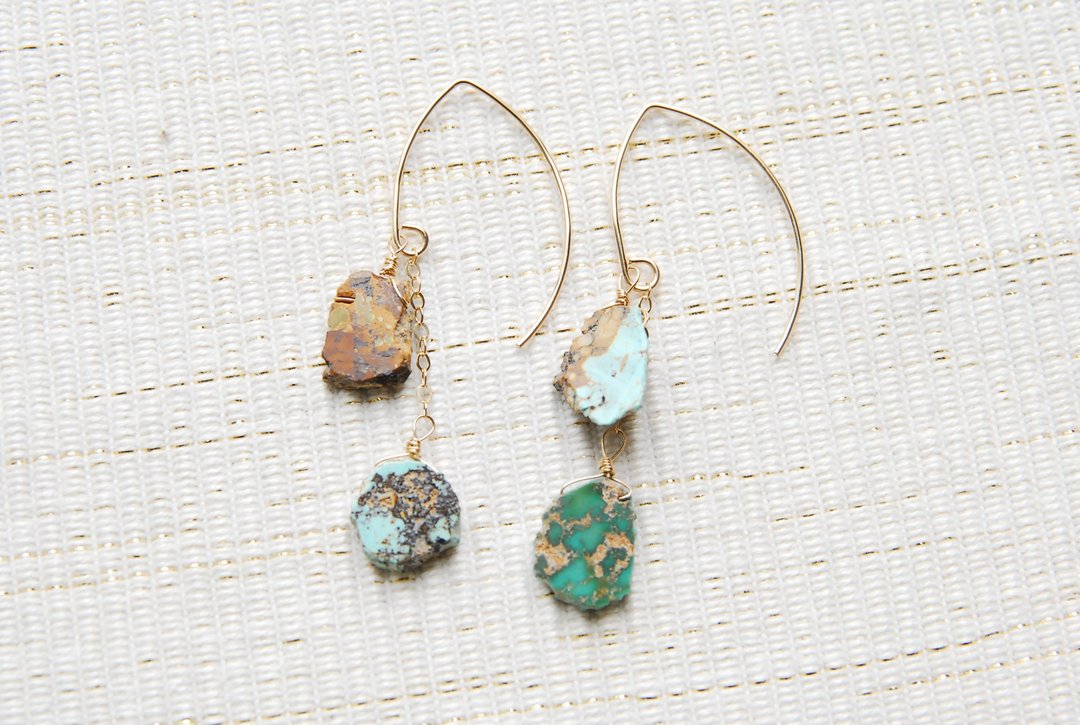 Resale Persian turquoise two-color marquise hook earrings 14kgf - 耳环/耳夹 - 半宝石 蓝色