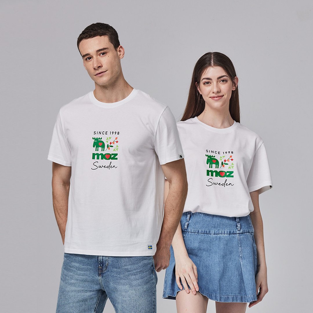 moz瑞典 驼鹿 艺术花园 舒适柔棉 100%纯棉短T-百搭白 男女共版 - 女装 T 恤 - 棉 白色