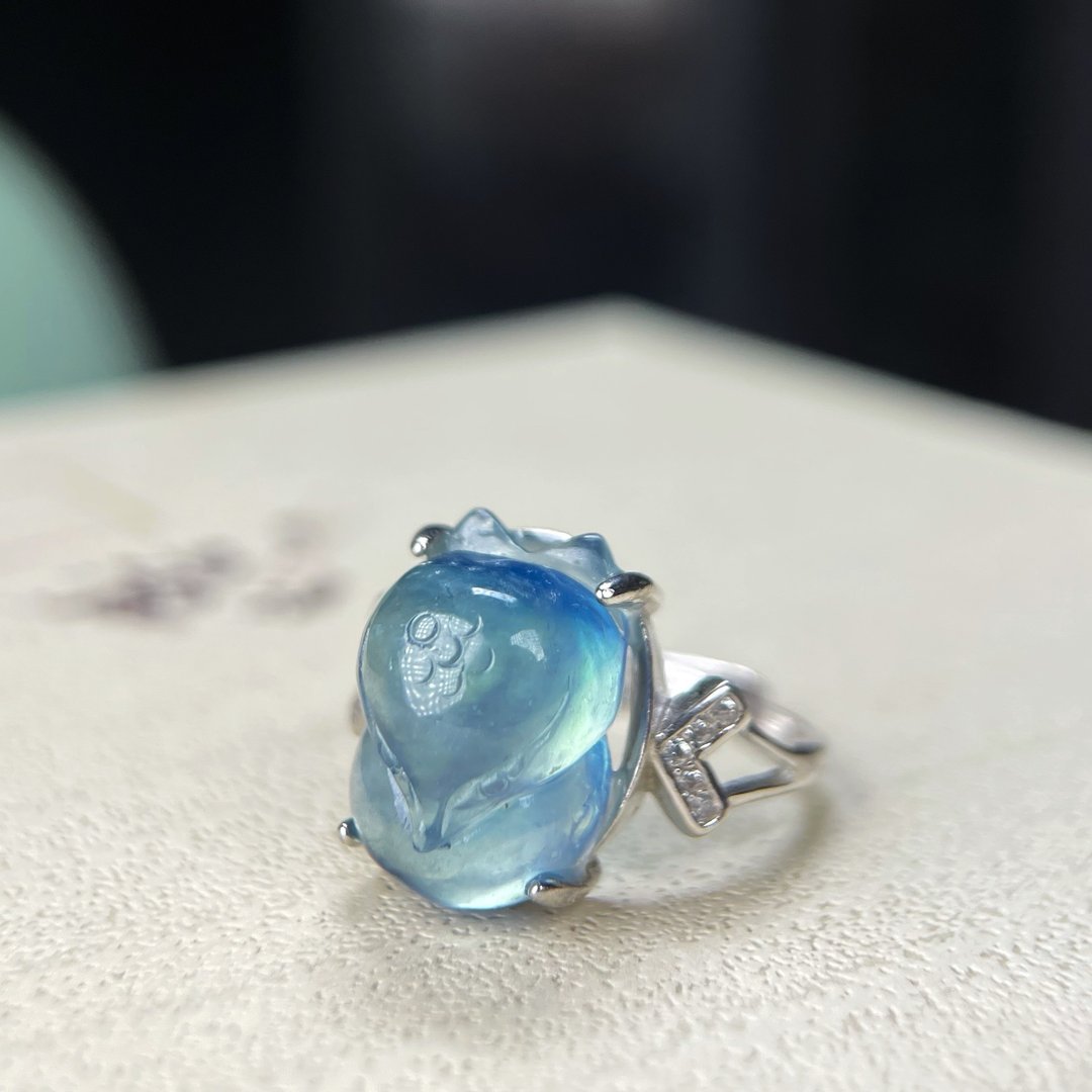 天然冰种魔鬼蓝海蓝宝活口戒指 S925古法银 手雕大头狐仙 起荧光 - 戒指 - 宝石 蓝色