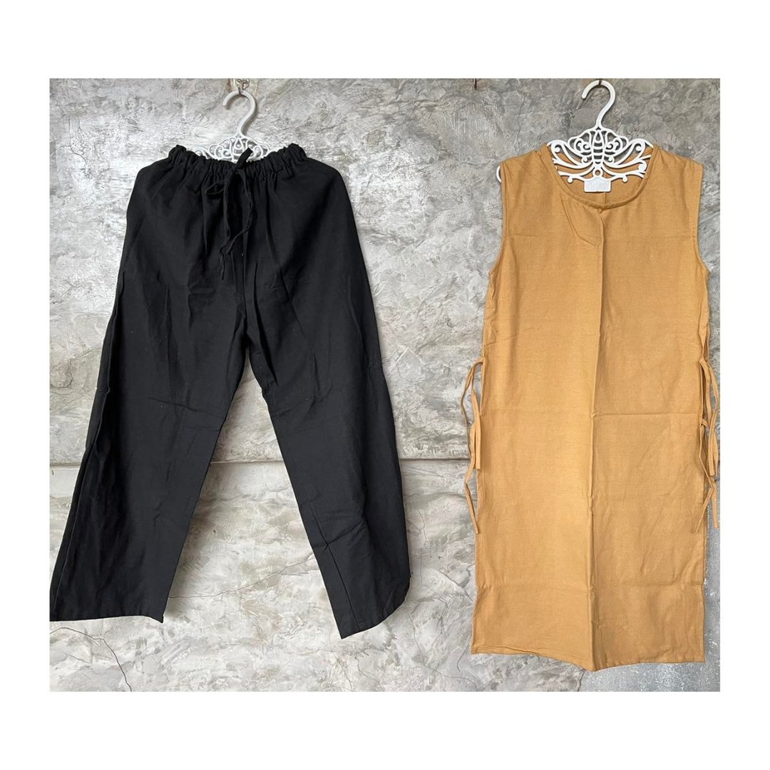 Vintage Dress, long skirt, side tie + Drawstring pants natural cotton - 洋装/连衣裙 - 棉 多色