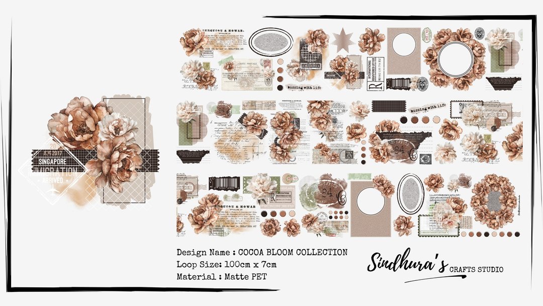 Cocoa Bloom Collection 复古可可花卉 哑光 PET 胶带 - 贴纸 - 塑料 咖啡色