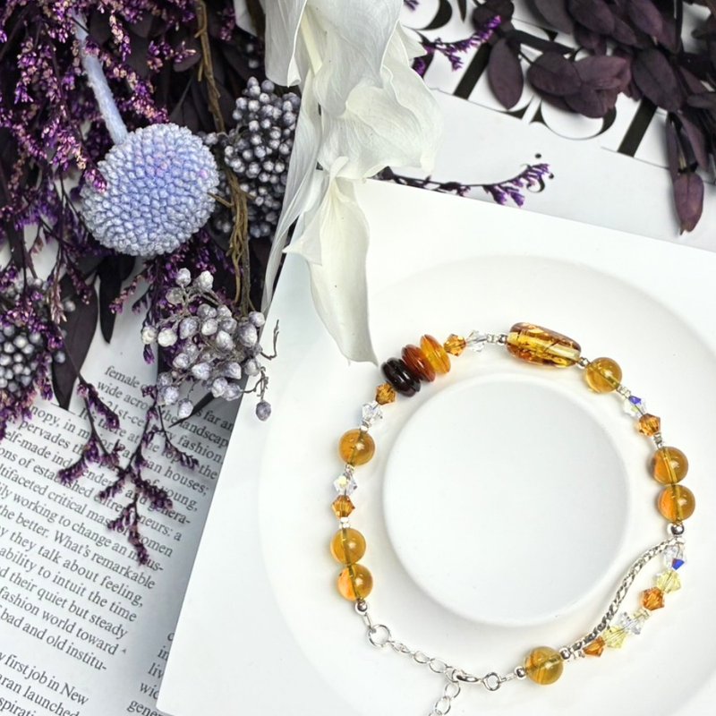 原创设计 流光琥珀 天然水晶手链 琥珀 花珀 SWAROVSKI 925配件 - 手链/手环 - 水晶 橘色