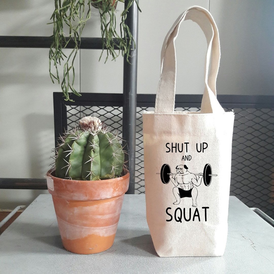 SHUT UP SQUAT PUG 随行杯手机钱包饮料提袋帆布 巴哥 趣味 健身 - 随行杯提袋/水壶袋 - 棉 白色