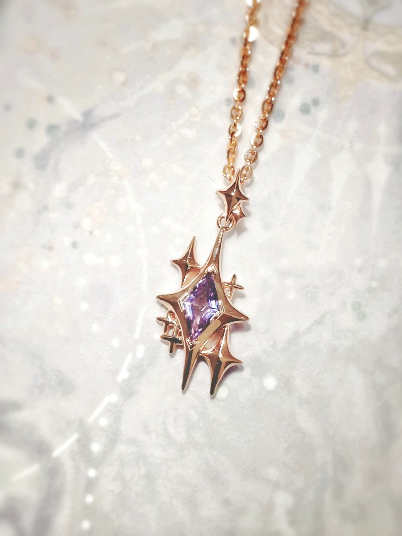 星闪闪菱形紫晶电镀 18K 玫瑰金纯银吊坠 - 项链 - 纯银 紫色