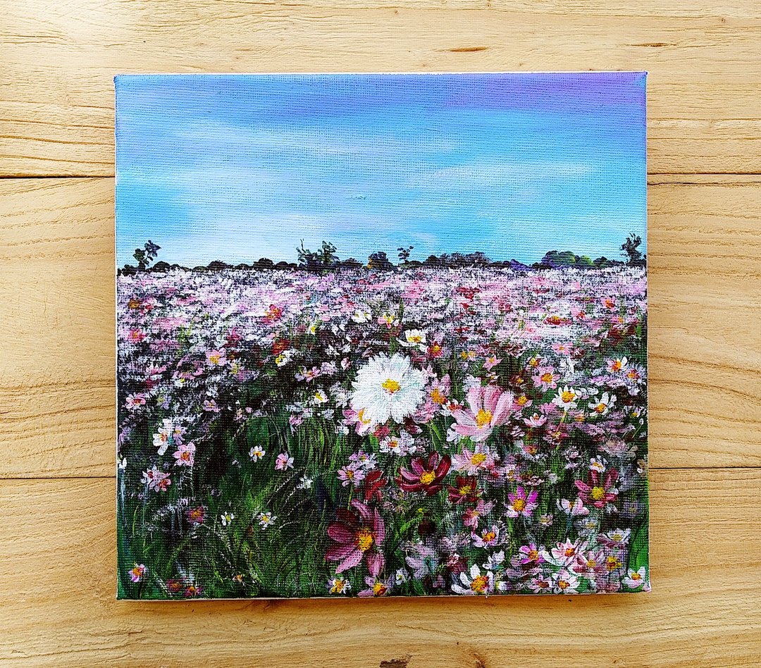 【野菊花】丙烯风景画原作 | 绿茵粉色花海挂画 | 卧室书房装饰 - 海报/装饰画/版画 - 棉 