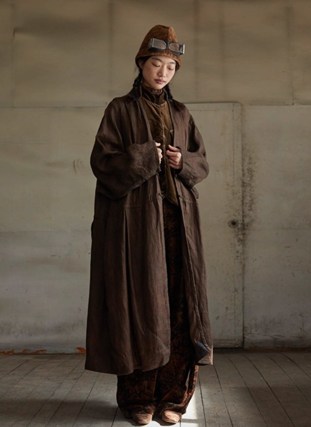 复古文青 植物染长款风衣外套 - 女装西装外套/风衣 - 其他材质 咖啡色