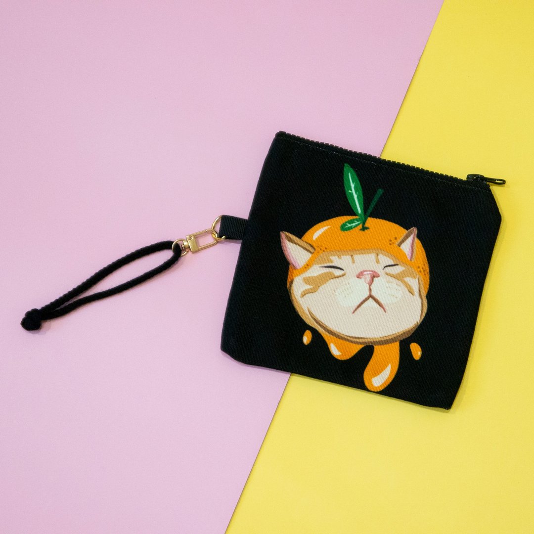 猫咪插画帆布小袋黑色-胖橘猫 - 化妆包/杂物包 - 聚酯纤维 黑色