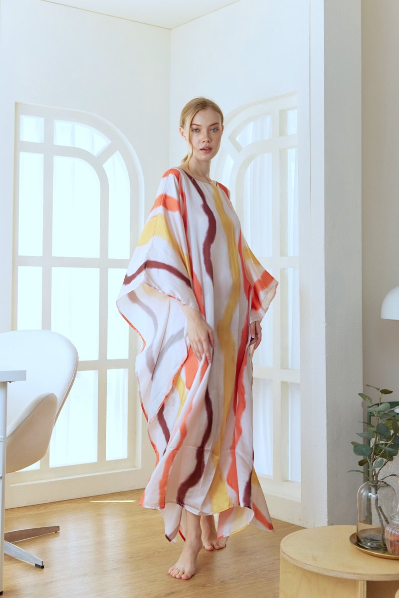 Peach Pink Tiedye Print Beach Silk Caftan Dress, Kaftan for Woman, Summer Dress - 洋装/连衣裙 - 丝．绢 粉红色