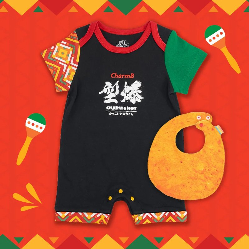 OMYMONSTER 型爆Charm B短袖连身衣连口水肩 - 包屁衣/连体衣 - 棉．麻 黑色