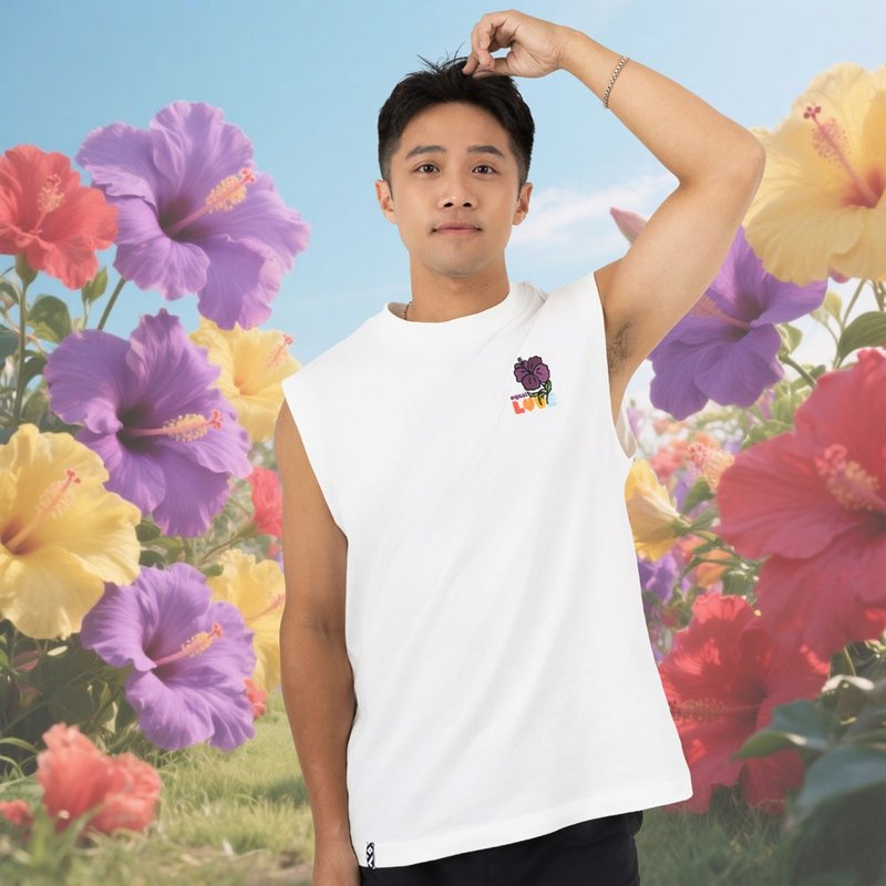 【花・盛开】扶桑LOVE宽肩背心牙白款(男女适用) - 男装背心 - 其他材质 白色