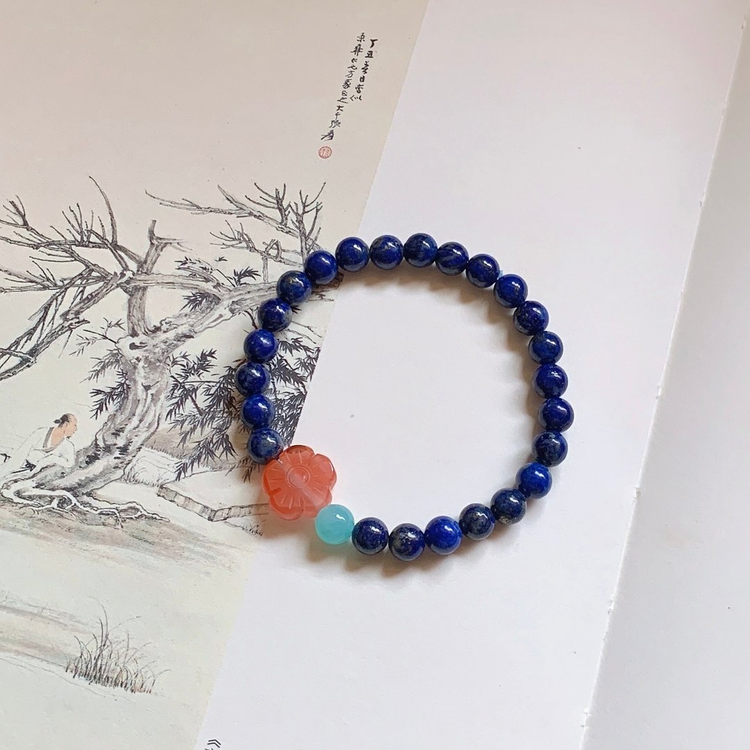 水挼蓝。天然青金石 天河石 南红玛瑙雕刻花手链 古典好运平安 - 手链/手环 - 水晶 蓝色