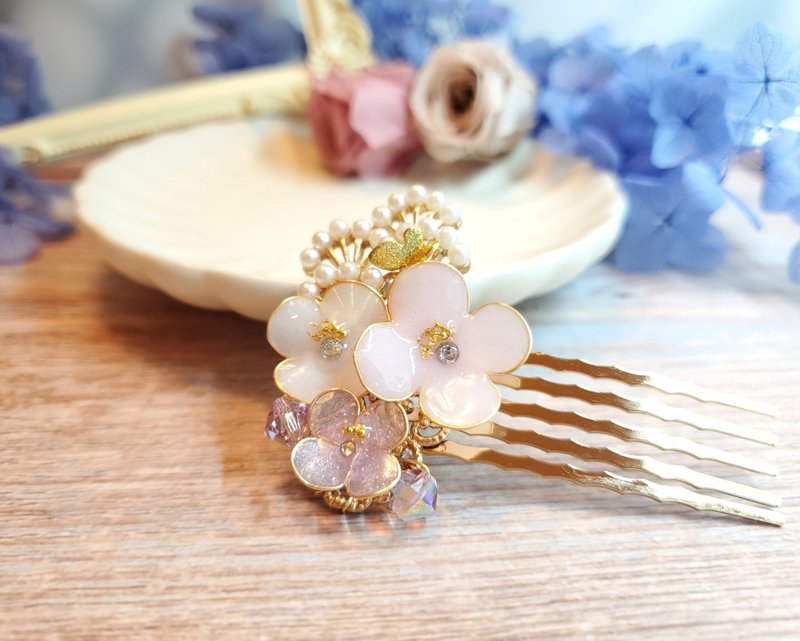 日式古风造花液树脂发梳 粉红小花 - 发饰 - 树脂 粉红色