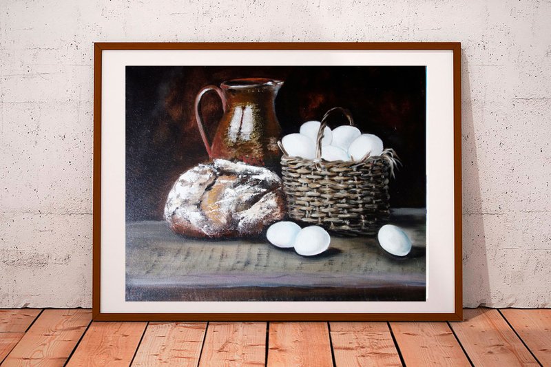 Eggs Painting Oil Kitchen Original Art 油畫原作 Food Artwork Still Life Canvas Art - 海报/装饰画/版画 - 颜料 多色