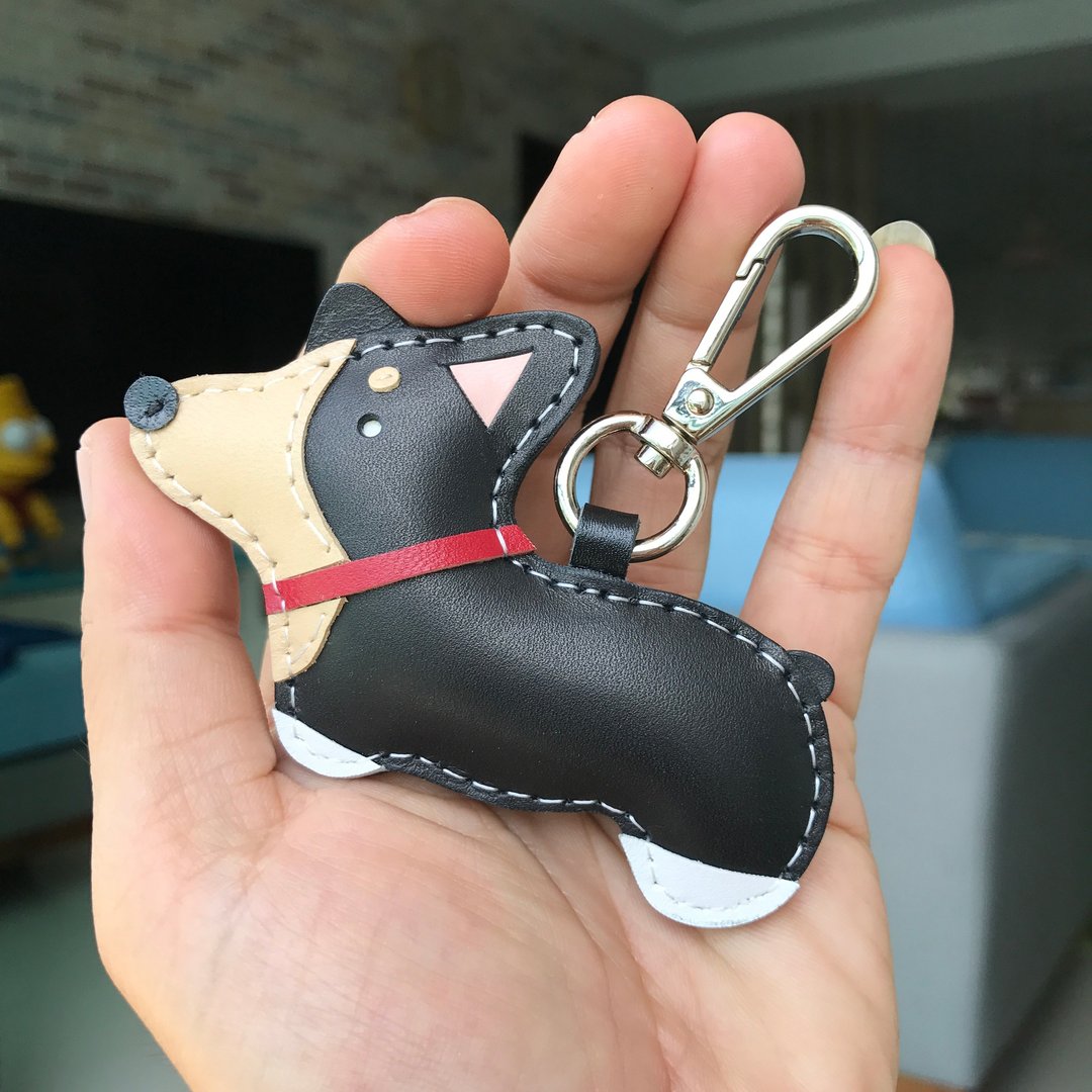 疗愈小物 黑色 柯基 狗 纯手工缝制 皮革 钥匙扣 小尺寸 - 钥匙链/钥匙包 - 真皮 黑色