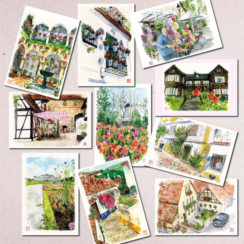Set of 10 watercolor postcards/ Flower lover scenery A - 卡片/明信片 - 纸 
