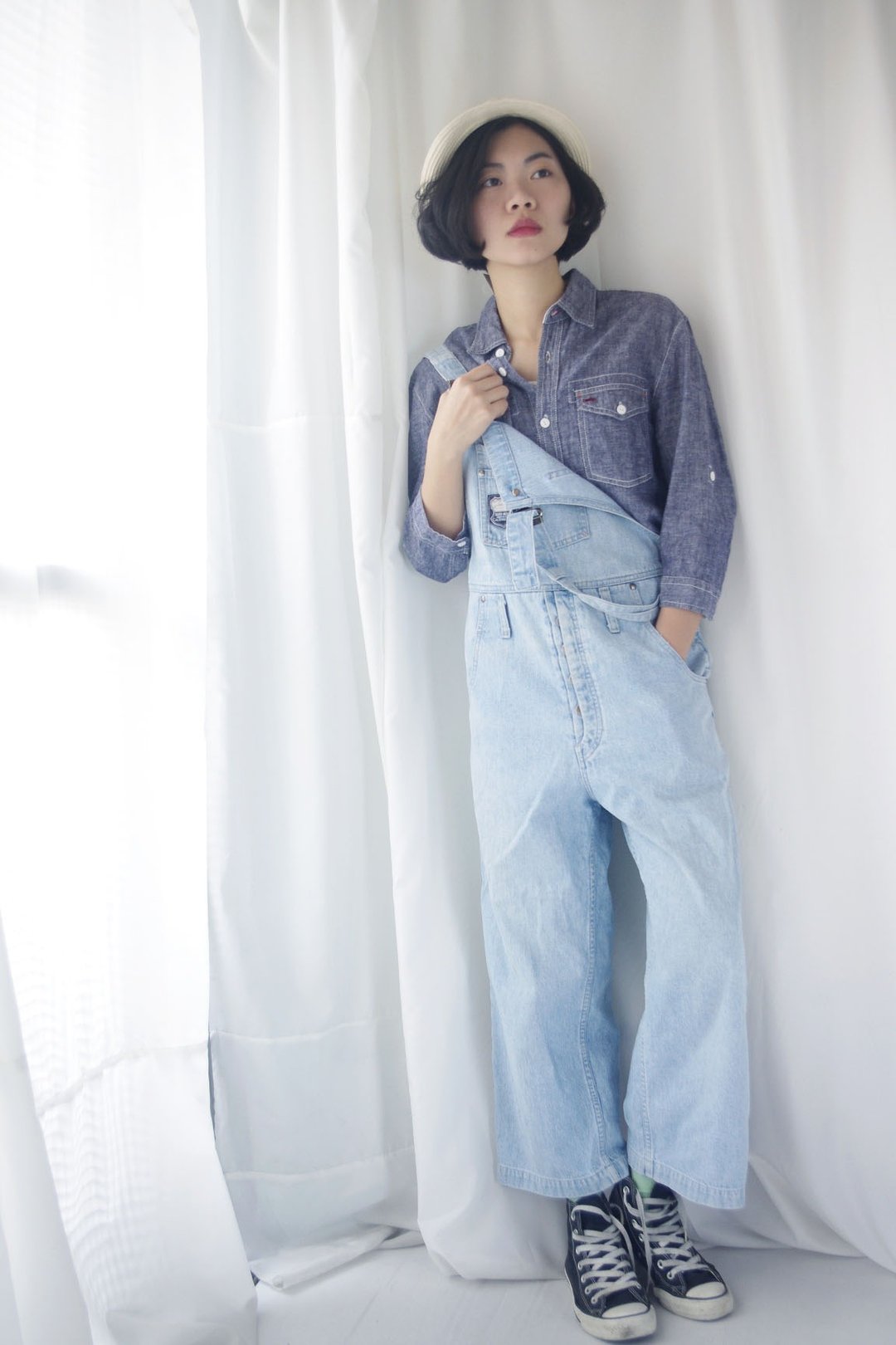 4.5studio-寻宝古着-灰蓝混纱棉麻中性衬衫 - 女装衬衫 - 棉 蓝色