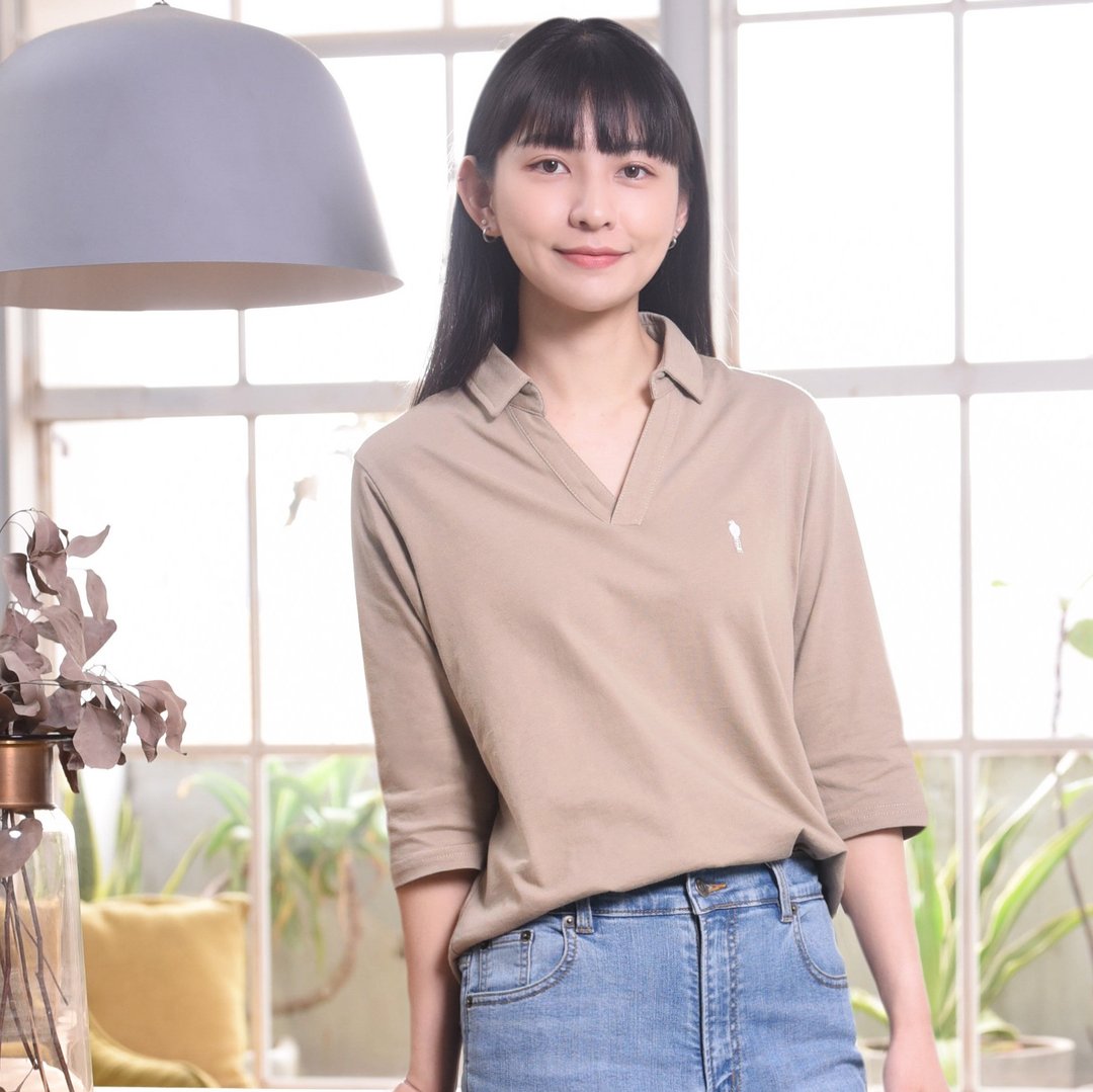 Lady Polo 奶茶棕∣气质V领7分袖。银河白蓝鹊电绣。4色细纤纯棉 - 女装上衣 - 棉 