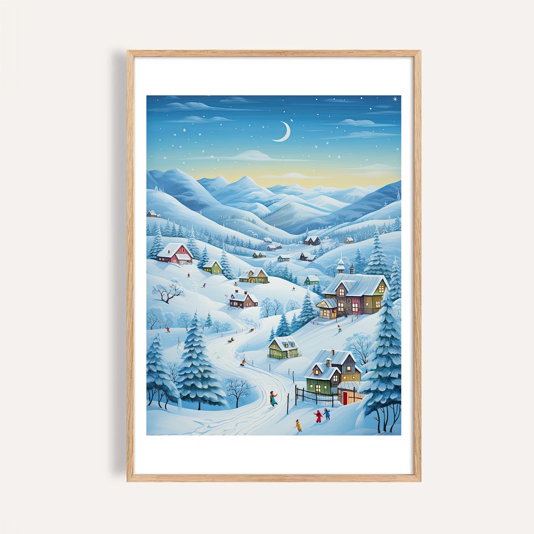 月色雪山村 Moonlit Alpine Village / 冬季小镇挂画 海报 无框画 - 海报/装饰画/版画 - 纸 