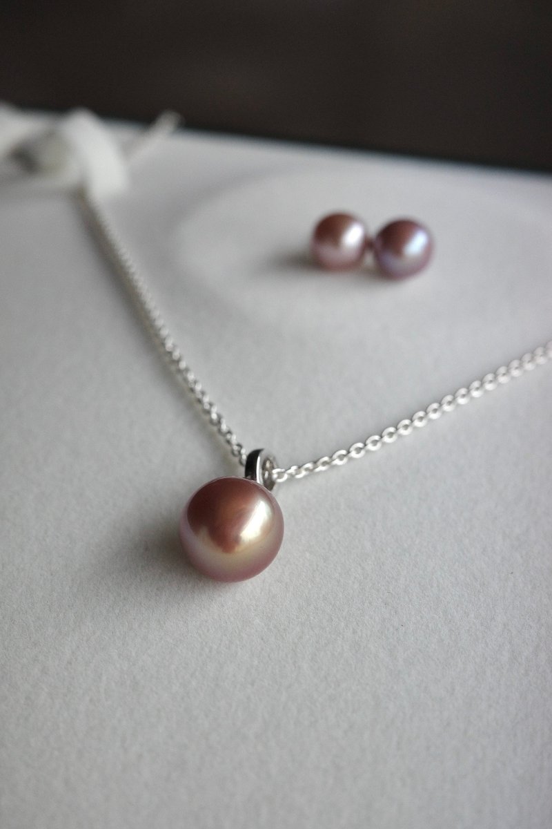 天然珍珠项链耳环套组_淡水C款 光晕之下 - 项链 - 珍珠 咖啡色