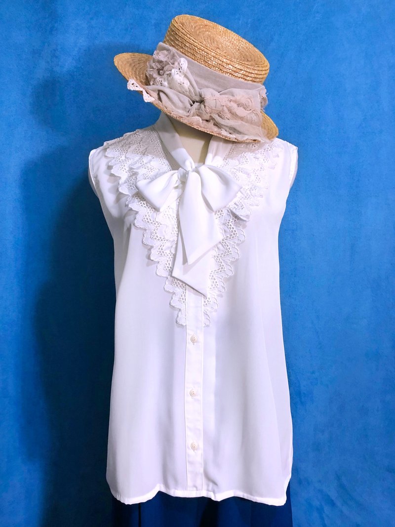 领结三层刺绣无袖古着衬衫/ 国外带回 VINTAGE - 女装衬衫 - 聚酯纤维 白色