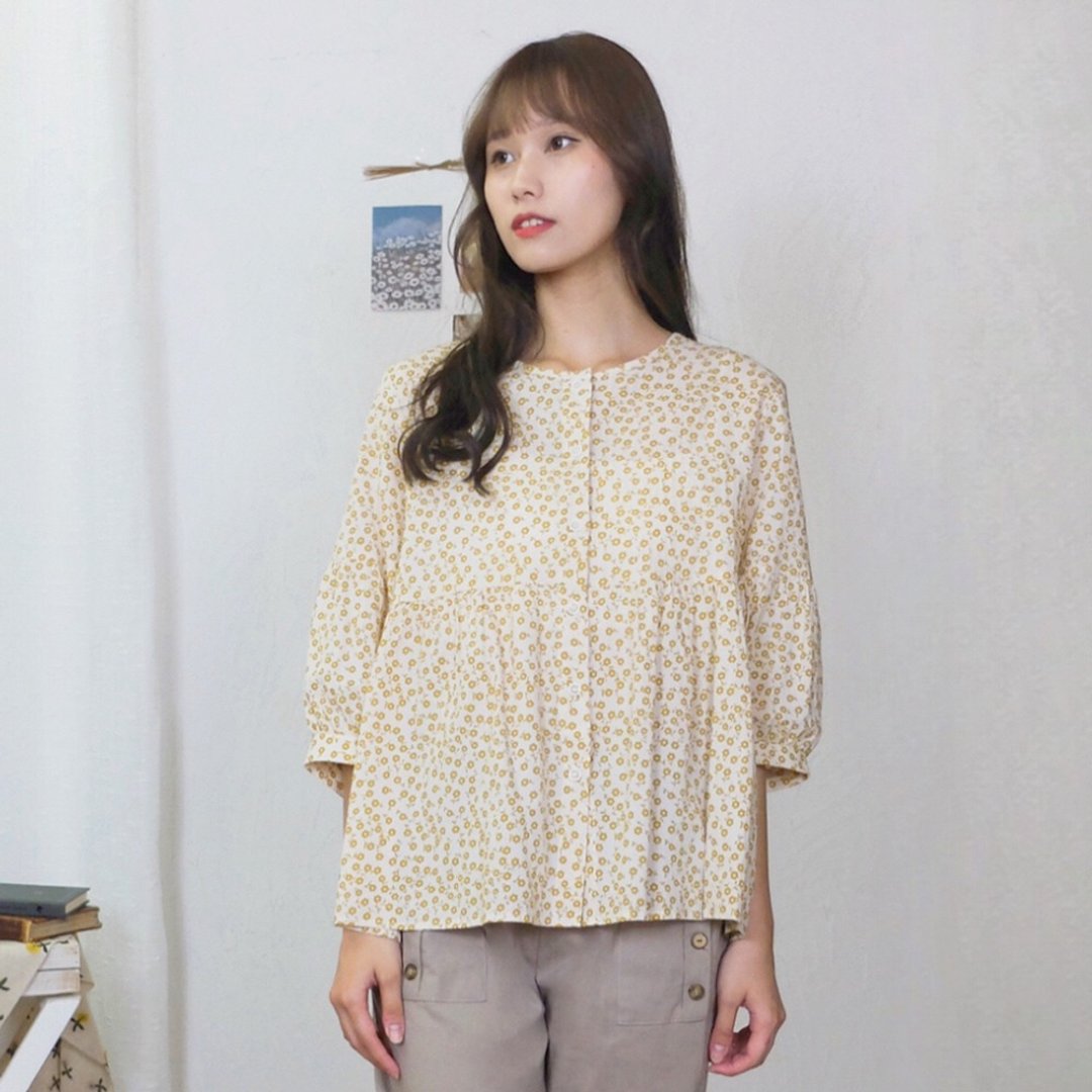 Hana Mokuba 清新甜美七分泡袖圆领碎花A摆上衣 - 女装上衣 - 其他材质 