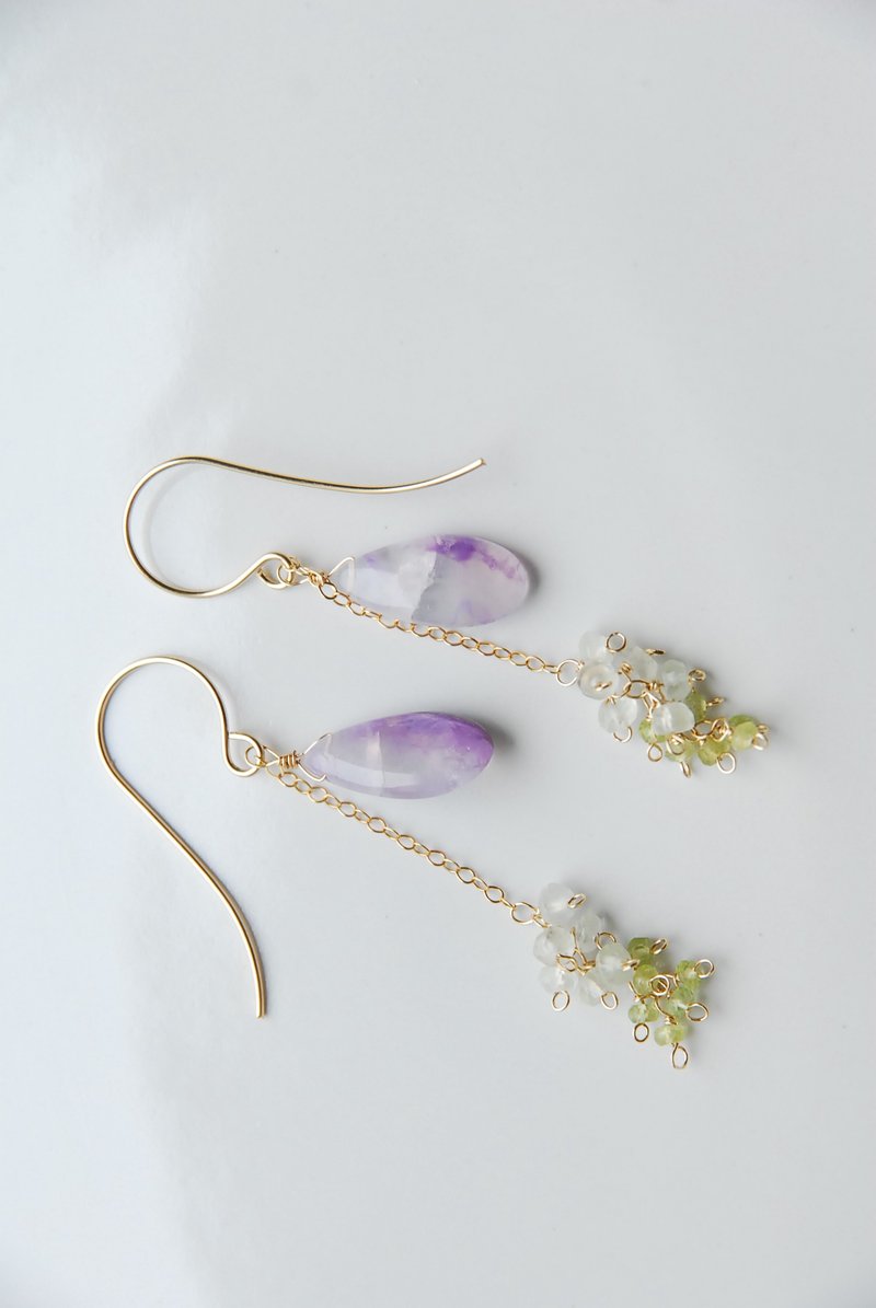 天使石与绿色小珠宝石串成之14KGF耳环 - 耳环/耳夹 - 半宝石 紫色