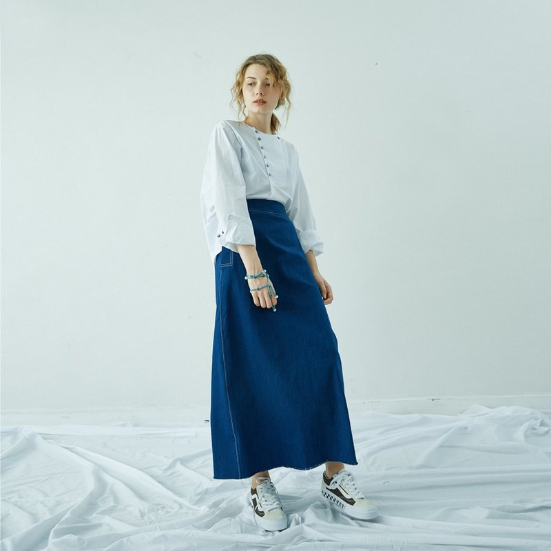 靛蓝牛仔A字高腰半身裙 - 裙子 - 棉．麻 蓝色