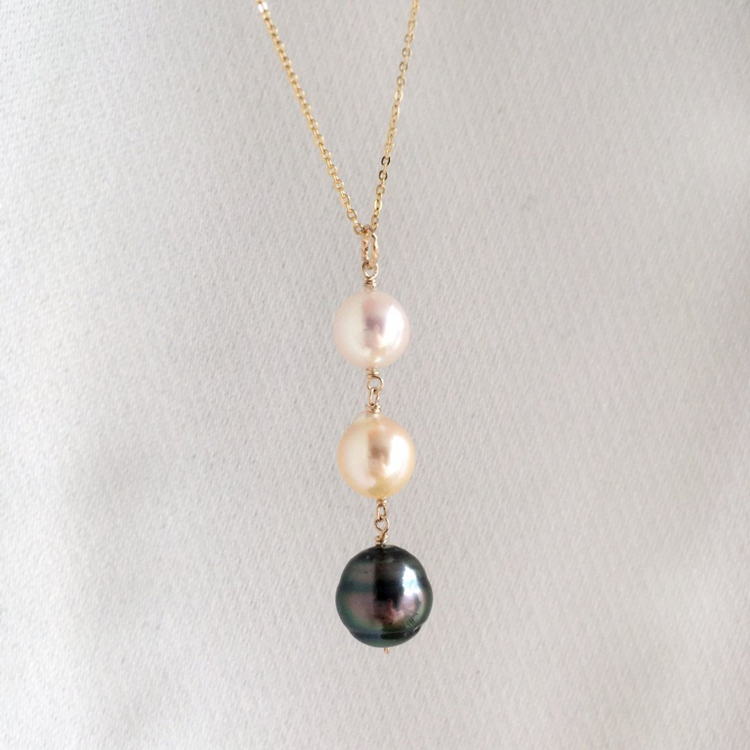 3pcs Tahitian Baroque Pearl and Akoya Pearl Necklace 独一无二 - 项链 - 珍珠 黑色