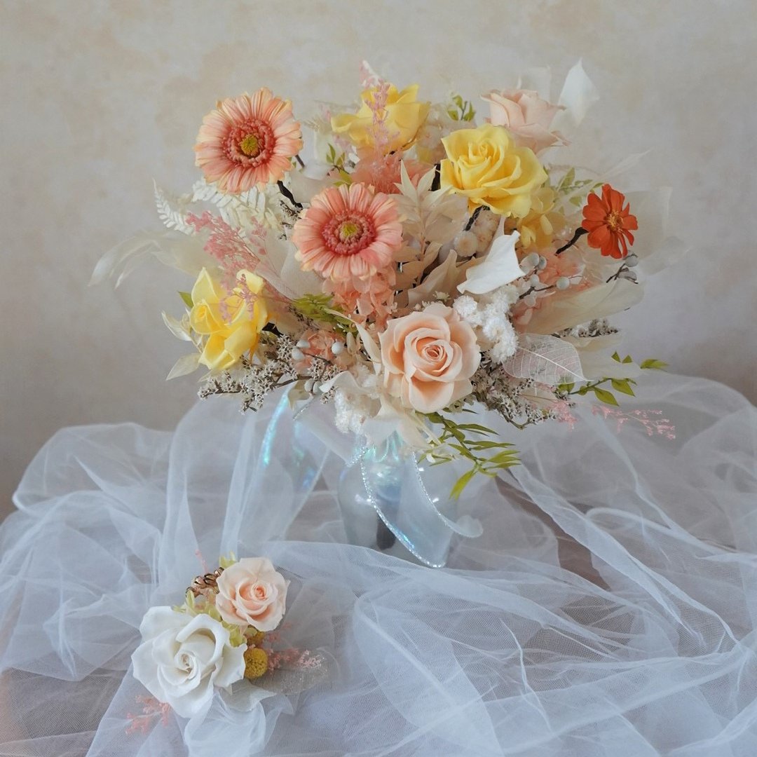 永生不凋捧花－粉橘淡黄 - 干燥花/捧花 - 植物．花 橘色