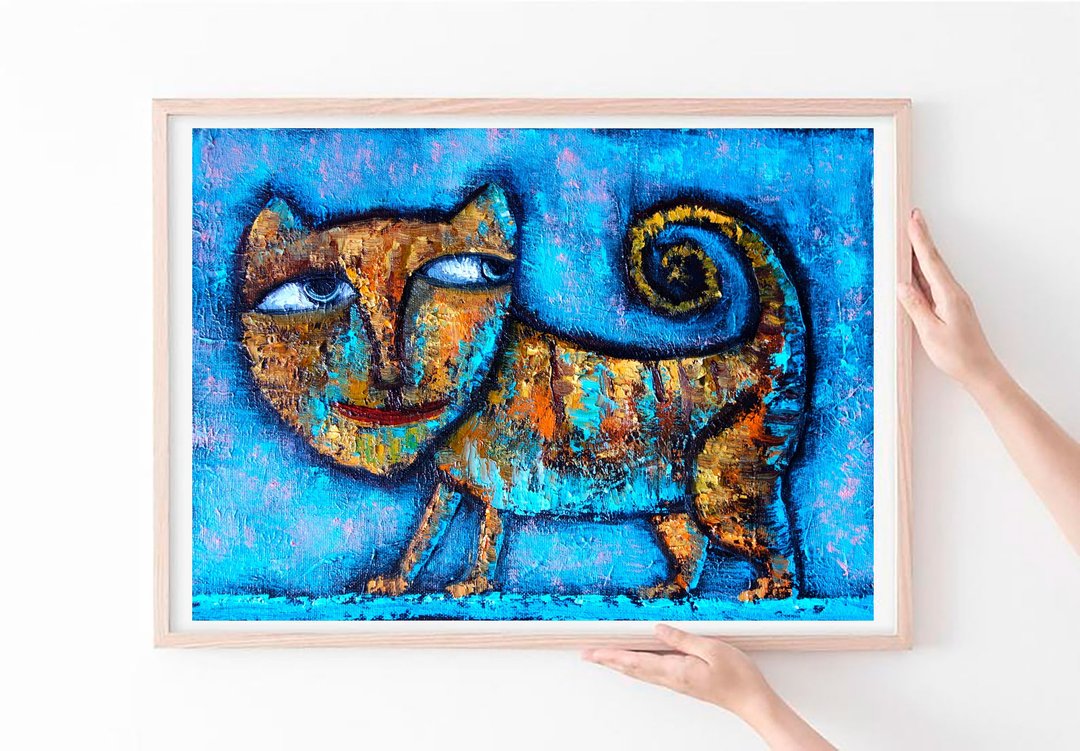 Abstract Cat Painting Oil Pet Original Art Animal Artwork Impasto Canvas Art - 海报/装饰画/版画 - 颜料 多色