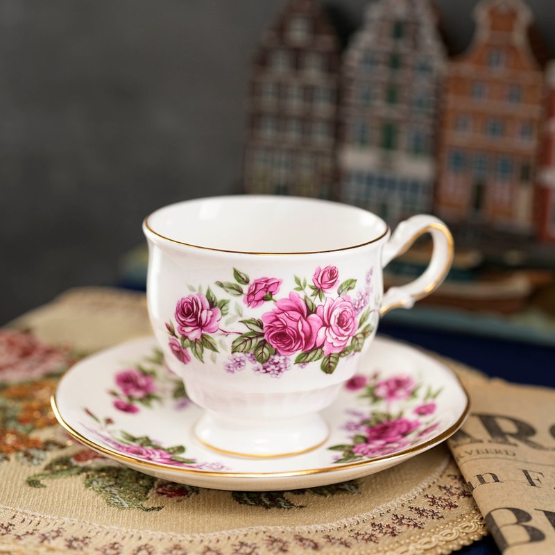 英国Queen Anne粉玫瑰描金骨瓷半手绘茶杯组/复古咖啡杯 - 茶具/茶杯 - 瓷 多色