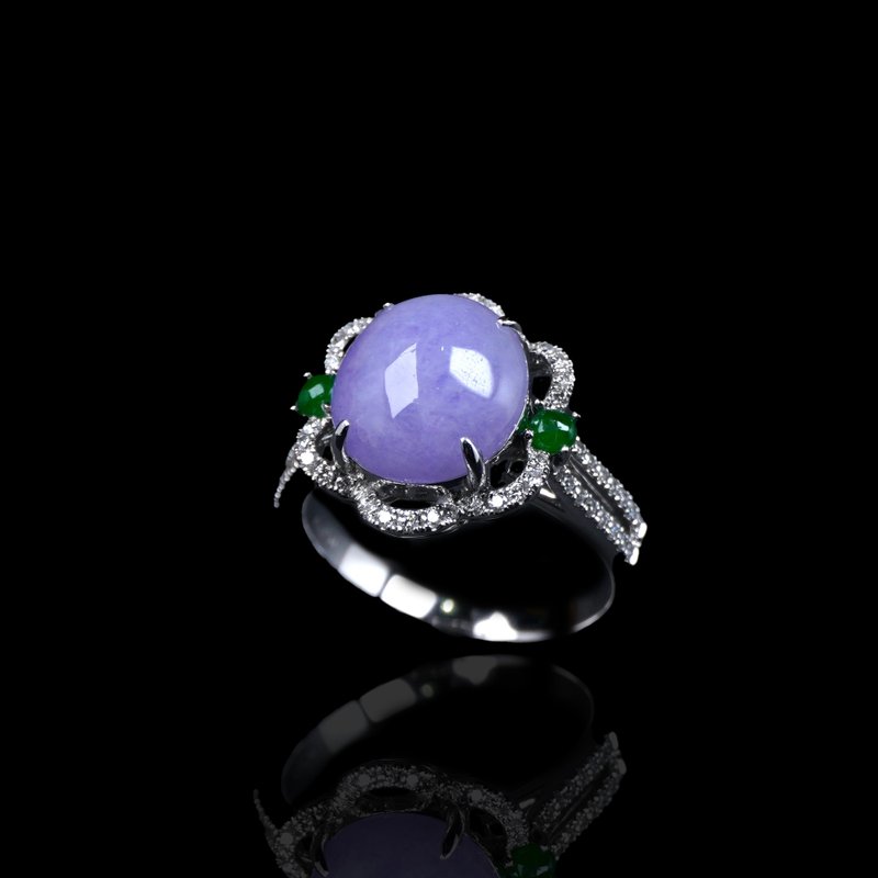 紫罗兰翡翠蛋面戒指 18K金钻石镶嵌 | 天然缅甸玉翡翠A货 | 送礼 - 戒指 - 玉石 紫色