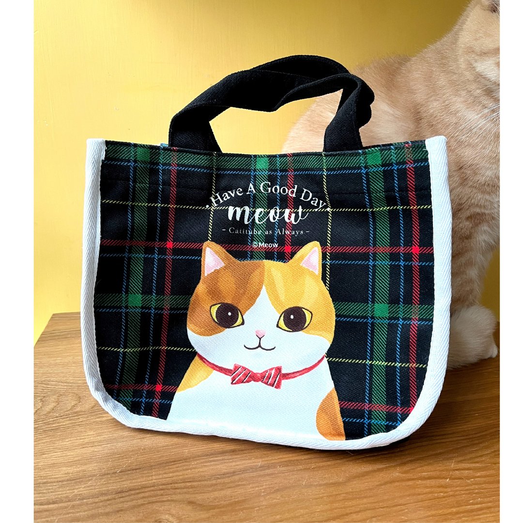 Meow英式格仔蝴蝶结猫猫手挽袋手提袋 - 手提包/手提袋 - 其他材质 黑色