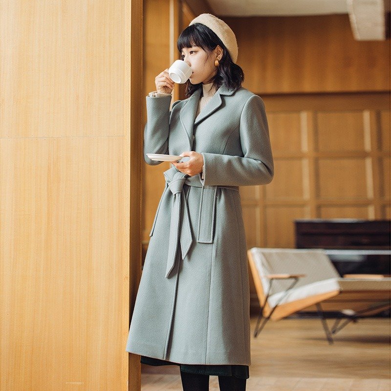 安妮陈2017冬装新款女士上衣纯色收腰长款大衣呢外套 - 女装休闲/机能外套 - 聚酯纤维 绿色