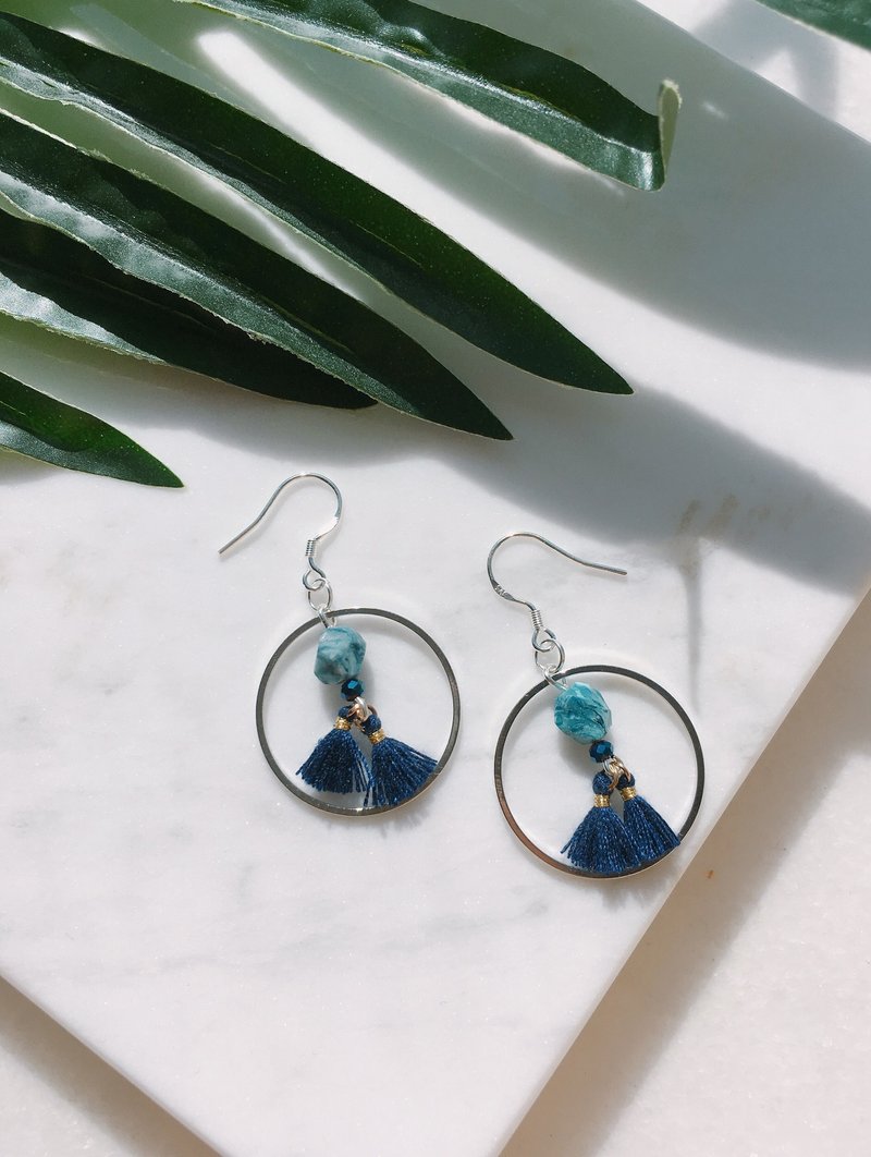 小石头圆框流苏耳环 - 耳环/耳夹 - 纯银 蓝色