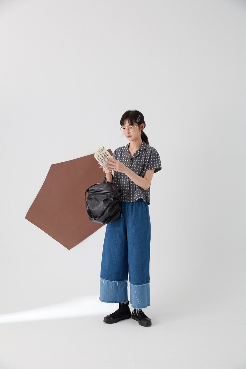 双色不收边牛仔宽裤 - 中性裤装 - 棉．麻 蓝色