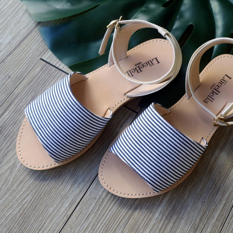 【希腊天空】条纹一字凉鞋-MIT全真皮台湾手工鞋 - 男女凉鞋 - 真皮 蓝色