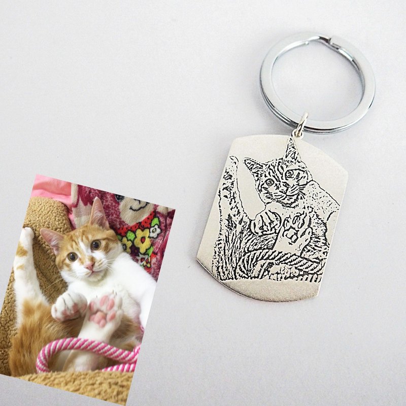纯银照片影雕钥匙圈(军牌) 毛小孩 生日礼物 雕刻定制 狗狗 猫猫 - 钥匙链/钥匙包 - 纯银 银色