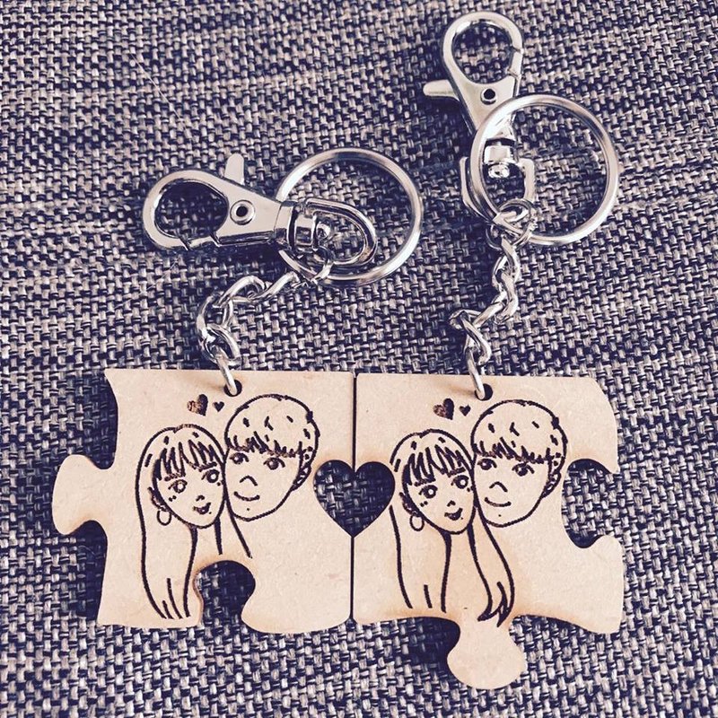 定制化-结婚-生日-好朋友-圣诞节-交换礼物-木质双人拼图钥匙圈 - 钥匙链/钥匙包 - 木头 咖啡色