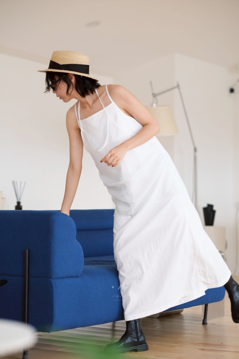 时纺馆假两件细带背心连身裙 - 2色 - 时纺白 - 洋装/连衣裙 - 其他人造纤维 白色