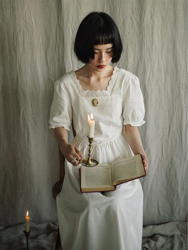 白色 經典公主風方領蕾絲花邊洋裝 泡泡袖仙女宮廷氣質收腰連身裙 - 洋装/连衣裙 - 棉．麻 白色