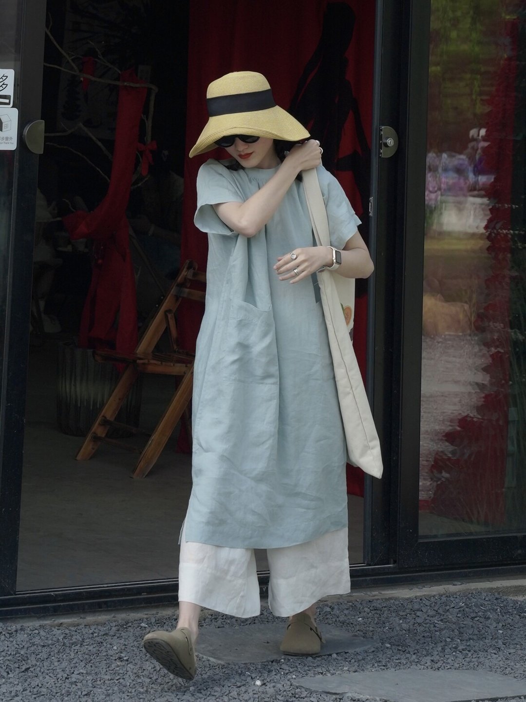 原创日系女装短袖亚麻宽松百搭圆领连衣裙夏日长袍子 - 洋装/连衣裙 - 棉 