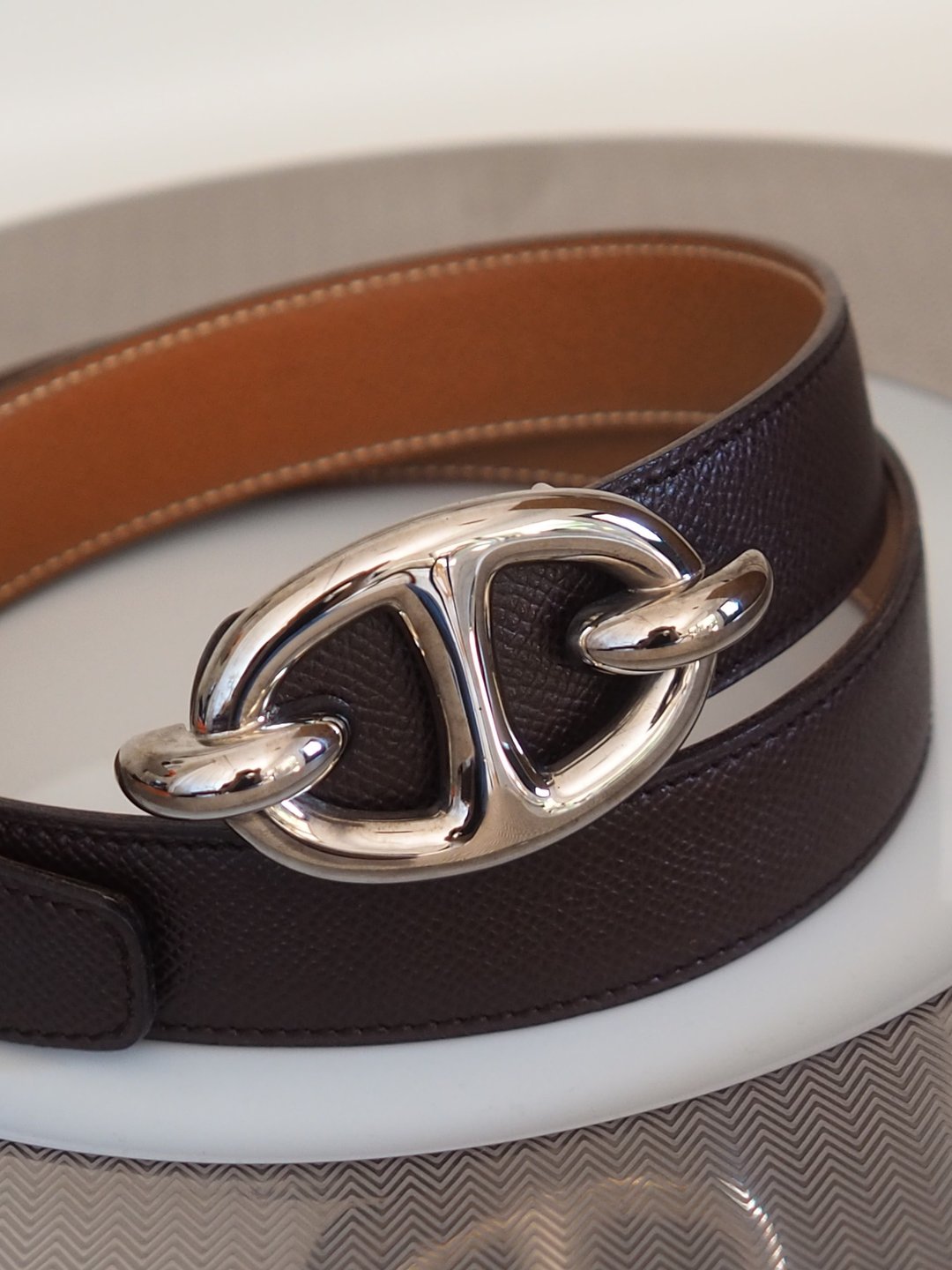HERMES 爱马仕 Chaine d'Ancre 皮带 75 银色 棕色 女款 古董精品 - 皮带/腰带 - 真皮 银色