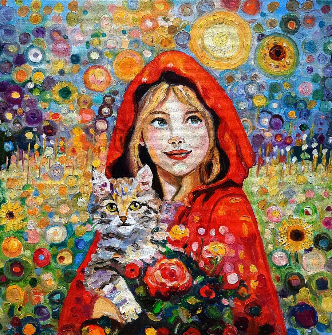 原创画 小猫与女孩绘画 原创艺术 油画 油画 - 墙贴/壁贴 - 其他材质 红色