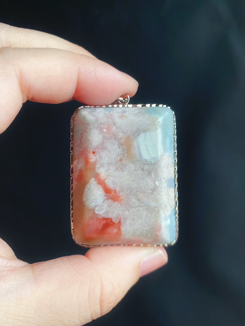 樱花玛瑙 浅灰绿 牛血红 意境美 S925银镶 吊坠 礼物 闺蜜 - 项链 - 水晶 绿色